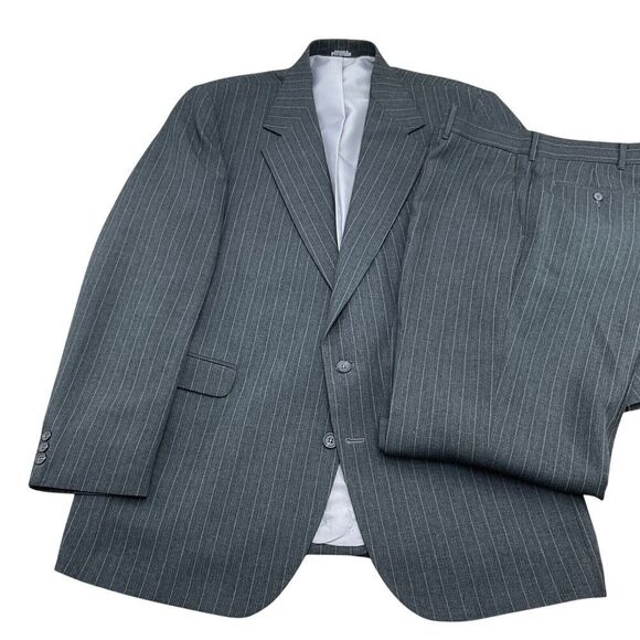 Reed St James Suit Men 42/34W 30.5L Gray Pinstripe Dacron Career Classic 2pc VTG - Picture 1 of 16